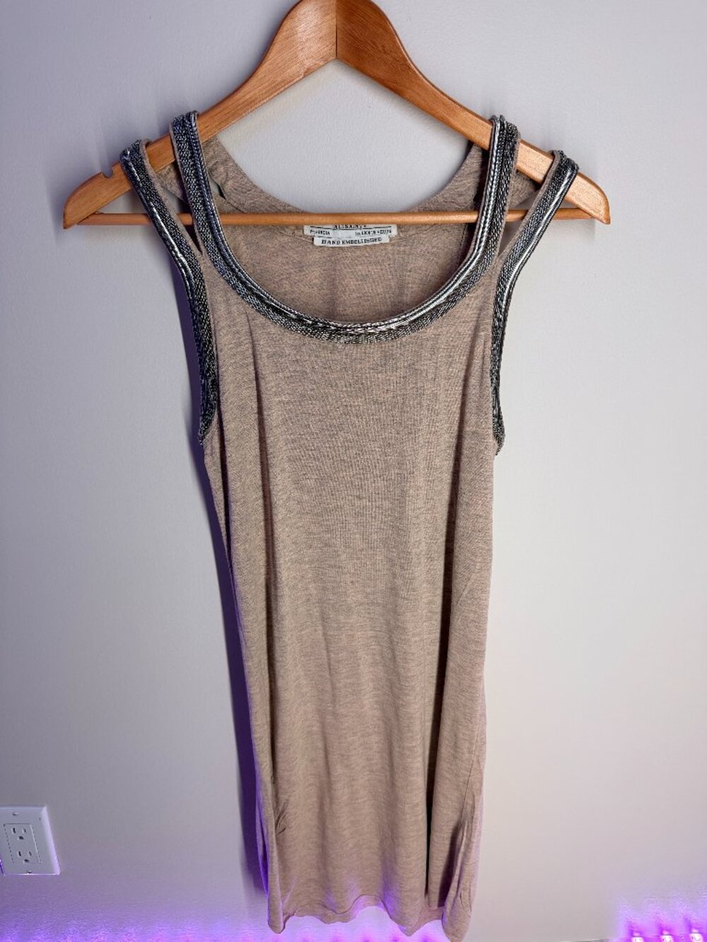 AllSaints Hand Embellished Chain Trim Long Tank Top Double Strap Taupe Size 4